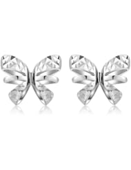18K White Gold Diamond-Cut Open Puff Butterfly Stud Earrings, Women Jewelry In Gift Box