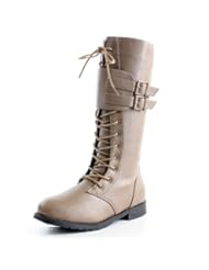 Shoes: West Blvd Womens MANILA COMBAT Boots Lace Up Military Army Motorcycle Biker Flat Mid Calf Shoes, Khaki Pu, US 7