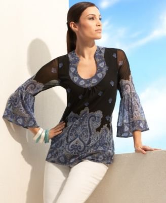 Chiffon-Trim Charmeuse Blouse with Rhinestone Buttons by INC International Concepts and more