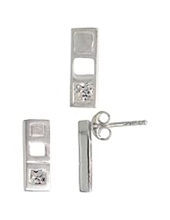 Sterling Silver Matte-finish Bar Earrings (12mm tall) & Pendant Slide (14mm tall) Set, w/ Princess Cut CZ Stones