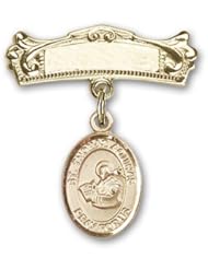 14K Gold Baby Badge with St. Thomas Aquinas Charm and Arched Polished Badge Pin