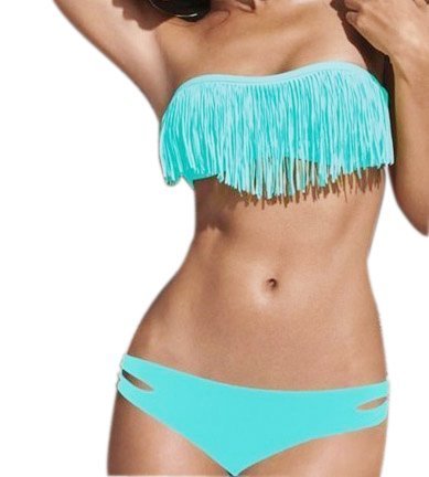 2013 Hot New Tassel Padded Bandeau Fringe Bikini 2pcs Set Swimsuit Swimwear Blue (M)