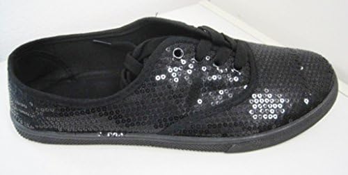 Callie Shoes New Comfy Women Canvas Sneakers Tennis Shoes Slip On Flats Lace up Sequins Boat Black 7