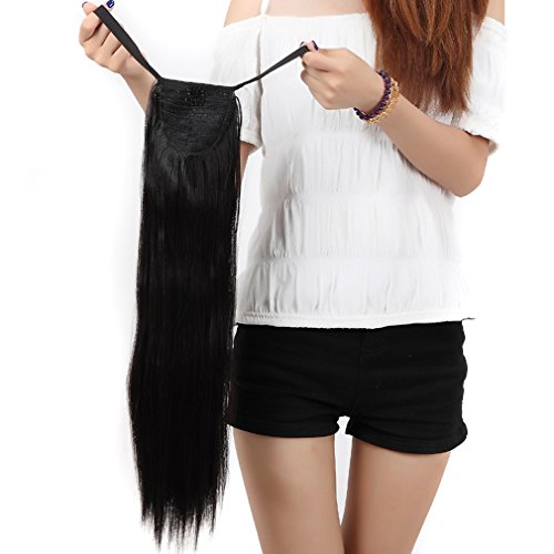S-noilite 22"(55cm) Straight Natural Black Binding Tie up Ponytail Clip in Hair Extensions One Piece Wrap Around Pony Tail Long Elegant Natural Look