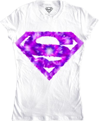  : Supergirl Tie Dye Pink Shield Logo Juniors White T-shirt