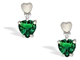 14K White Gold Heart Created Emerald and Diamond Earrings