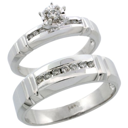 14ct White Gold 2-Piece Diamond Ring Band Set w/ Rhodium Accent ( Engagement Ring & Man's Wedding Band ), w/ 0.30 Carat Brilliant Cut Diamonds, ( 4mm; 6.5mm ) wide, size R
