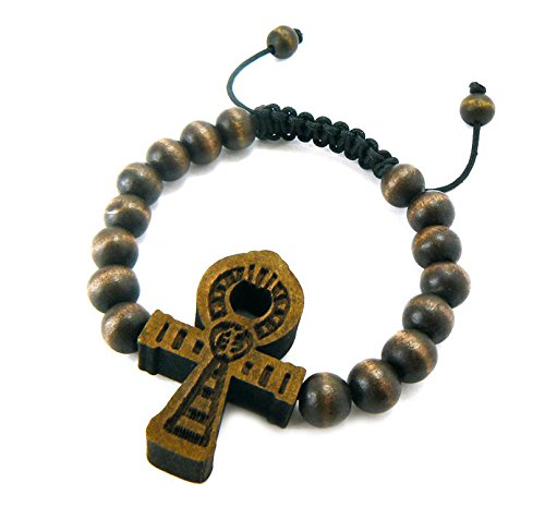 Engraved Ankh Wood Pendant Adjustable Wooden Bead Bracelet - Brown-Tone WB6BRN