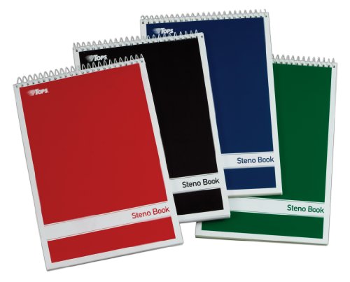 TOPS Spiral Steno Books, 6 x 9 Inches, Gregg Rule, Greentint Paper, Assorted Covers, 80 Sheets per Book, 4 Books per Pack (80221)