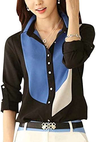 MISHI Womens Slim OL Chiffon Color Block Polo Blouse Button Down Shirt XL
