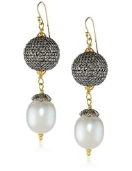 Fern Freeman 22K and 18K Rhodium Silver Pave Diamond South Sea Pearl Drop Earrings