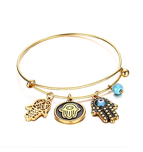 Vnox Stainless Steel Turquoise Hamsa Hand Charm Bangle Bracelet,Gold