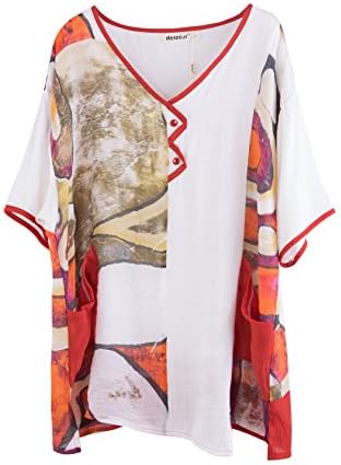 Delelisi Women Plus Size Causal V-Neck Loose Printed Top Blouse Shirt Red Size XX-Large