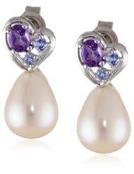 Sterling Silver Tanzanite, Amethyst and Freshwater Cultured Pearl Earrings