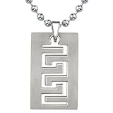 Strong and Distinctive: Designer Inspired Titanium Brushed Finish Greek Key Dog Tag Pendant for Men on a Stainless Steel Ball Chain