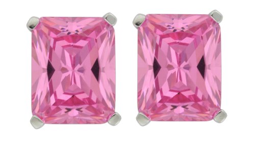 Platinum Plated Sterling Silver 9 x 7mm Emerald Cut Pink Cubic Zirconia Four-Prong Stud Earrings