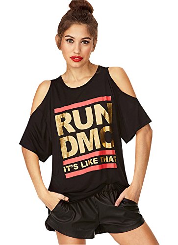 Darceil® Women's Comfy Black Off Shoulder RUN DMC Gilding Short Sleeve T Shirt (XL, Black)