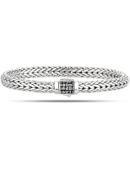 Rhodium Plated Weave Black Sapphires Bracelet In Sterling Silver With Textured Edges