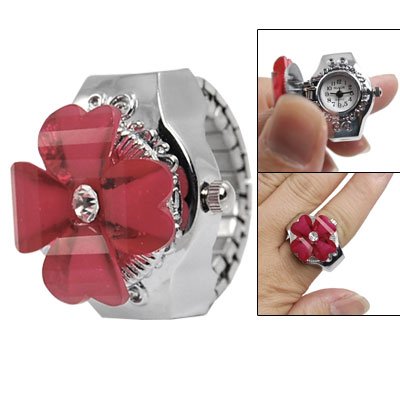 Red Clover Hunter Case Silver Tone Stretch Band Finger Ring Watch for Lady