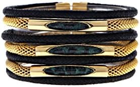 Genuine Black Leather Ropes Combined with Gold Plated Snake Chains &amp; Metal Tubes Cuff Bracelet