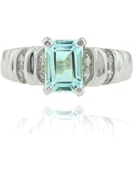10k White Gold Aquamarine Octagon Cut Gemstone and Diamond Ring, Birthstone of March