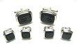 Square Black Silver Plated Tux Tuxedo Cufflinks & Stud Set w/ Gift Box