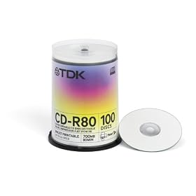 TDK CD-R80PWWCBA100-B Printable CD-R 80min 700MB 52x 100 Pack