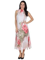 Flowy  Floral Print Ankle Length Chiffon  Dress With a Ribbon  and Ruffles