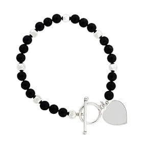 Genuine Onyx Stone 6mm Bead Silver Heart Charm Bracelet by 