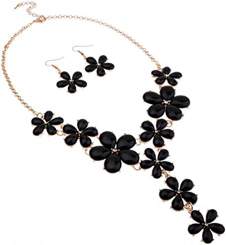 Fashion Jewelry Set Gold Tone Chain Black Resin Flower Rhinestone Earrings Necklace