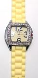 Geneva Silicone Silvertone Watch with Pale Yellow/Cream Band Square Face with Rhinestones