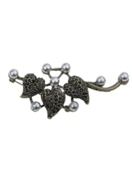 Floral Black Crystal Brooch, Jet Black Czech Crystals with Polished Pewter Pearls on a Brass Finished Frame