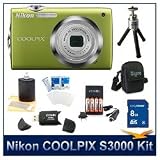 Nikon CoolPix S3000 Digital Camera (Green), 12 Megapixel, 4x, 27-108mm Equivalent Zoom, 2.7 LCD, Video with Sound, 8 GB Memory, Deluxe Camera Case, Lens Cleaner, Card Reader, Battery, Screen Protectors, and Tripod