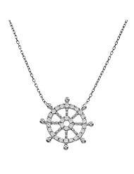 Sterling Silver 925 & Cubic Zirconia CZ Ship Wheel Nautical Helm Necklace