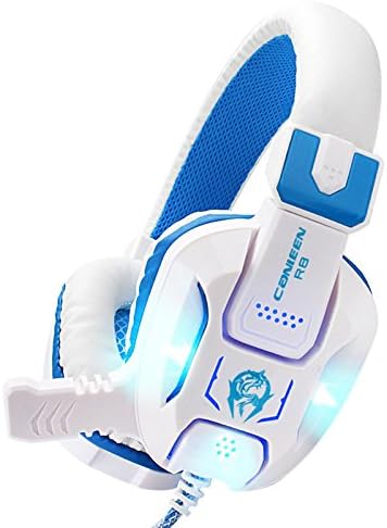 Canleen R8 Professional 3.5mm PC LED Light Gaming Bass Stereo HIFI Noise Isolation Headphones Headband with Microphone Headset Earphone (White Blue)