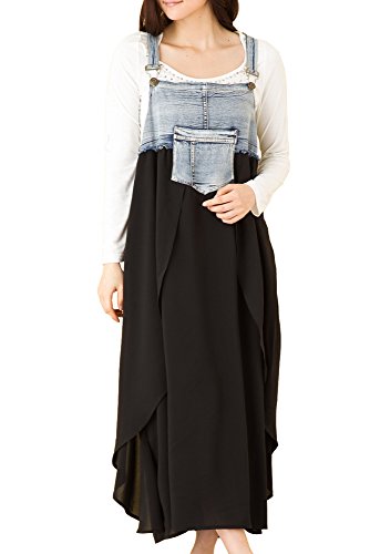 (Goldjapan)ゴールドジャパン 大きいサイズ レディース デニム シフォン ドッキングワンピース フレア マキシ丈ワンピース ロングワンピース 切り替え ノースリーブ サロペット ゆったり 着痩せ 体型カバー gold093