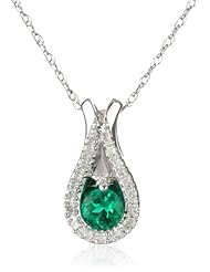 10k White Gold Teardrop Created Emerald Diamond Pendant Necklace (0.05 cttw, I-J Color, I2-I3 Clarity), 18