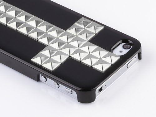 FJX Fashionable Handmade Silver Pyramid Studs Spikes Cross Hard Case Cover for Apple iphone 4 4G 4S (Black)