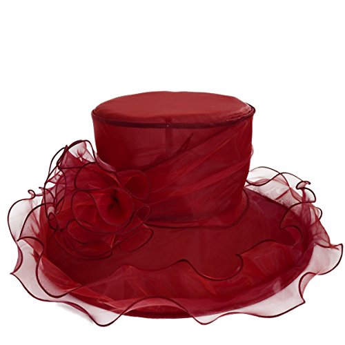 Women Kentucky Derby Church Dress Organza Hat Wide Brim Flat Hat (8 Colours) (Claret)
