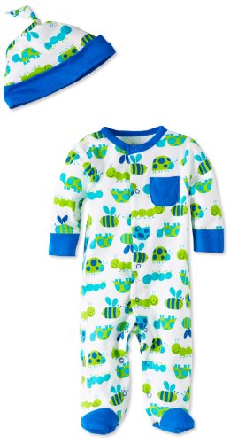 Offspring - Baby Apparel Baby-Boys Newborn Offspring Blue/Lime Bug Footie With Hat, White, Newborn