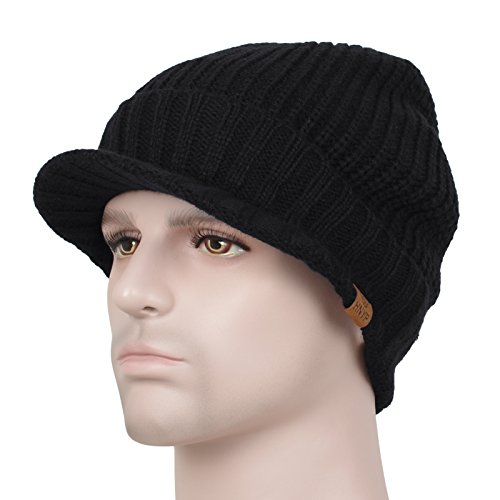 Janey&Rubbins Men s Stylish Knit Visor Brim Beanie Hats Fleece Lined Skull Ski Caps (Black)