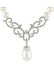 10k White Gold Scroll Design Diamond and Freshwater Cultured Pearl Drop Necklace, 18"