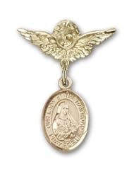 14K Gold Baby Badge with Our Lady of the Railroad Charm and Angel with Wings Badge Pin