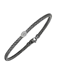 Silver Ruthenium Plated Polish 7.25" 3.6mm Basketweave Bangle With .01Ct Diamond Oval And Fancy Lobster Clasp