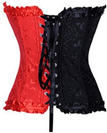 EstherDeep Womens Boned Lace up Sexy Corset Lingerie Floral Bustier Free G-string S Zip Black Red