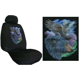 Car Truck SUV Bear Eagle Wolf Seat Covers 2 Black Universal Low Back with Head Rest Covers Vehicle Bucket Seatcovers
