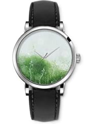 SPRAWL Aanalog Fashion Series Silver Ladies Watches of Genuine Black Leather Strap,Unique Wrist Watch for Women Girls Designed with green branches