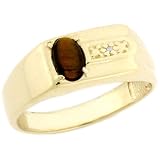 14K Solid Gold Oval Tiger Eye 0.01ct Diamond Mens Ring