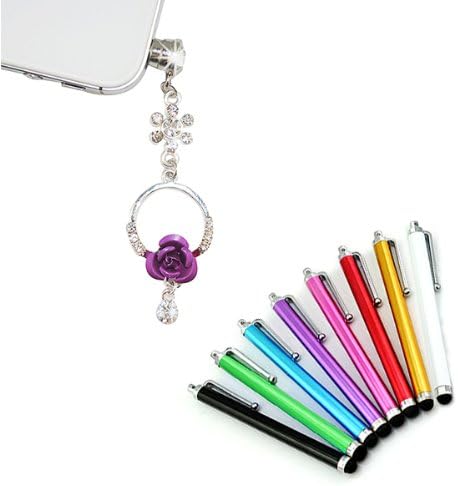 iClover Exquisite 8 pcs (8 in 1 Bundle Combo Pack) Capacitive Stylus/styli Touch Screen Pen For Iphone4¡¢4s,Ipod Ipad2¡¢ipad3,SamsungI9300¡¢I9220¡¢I9300,HTC,tablet PC With Purple ring & Rose design Universal 3.5mm Dust-proof Diamond Jack Plug Free Gift