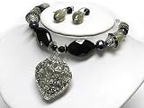 Silver Metal Heart Midieval Glass Black Bead Necklace Earring Set Costume Jewelry